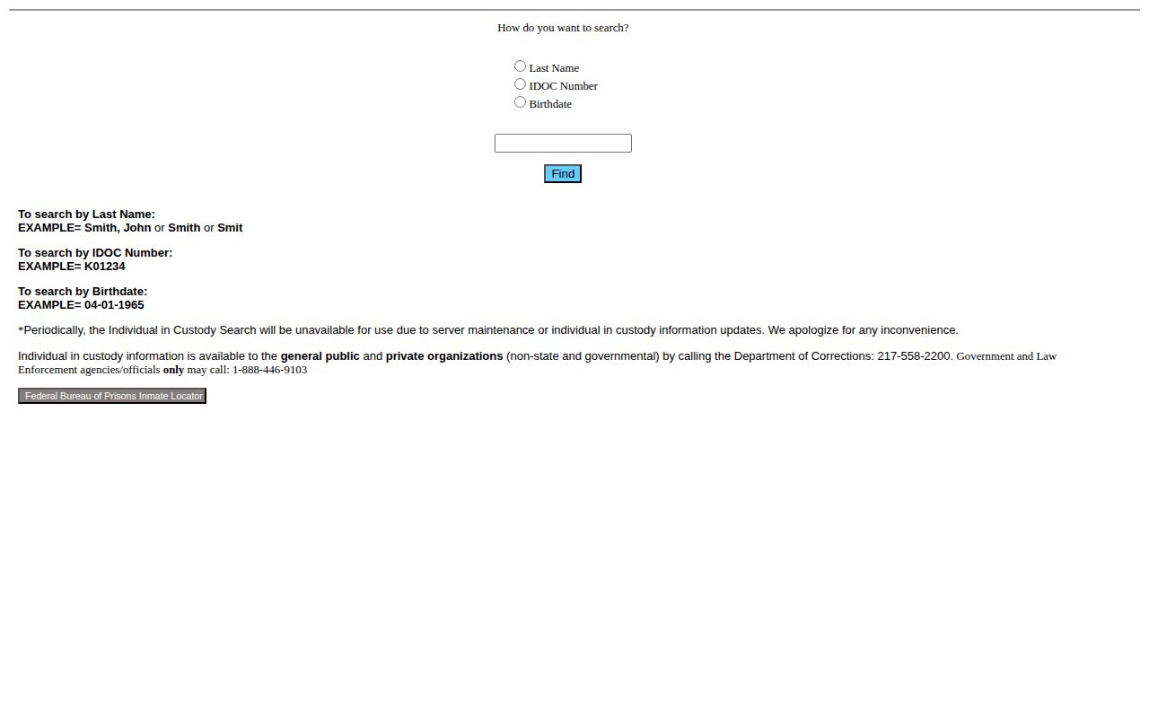 Illinois Department of Corrections individual search form