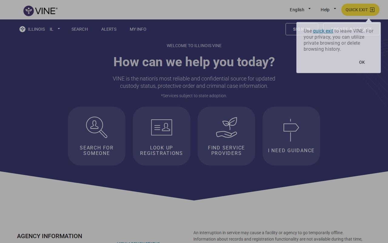 Illinois VINELink person and custody status search screen