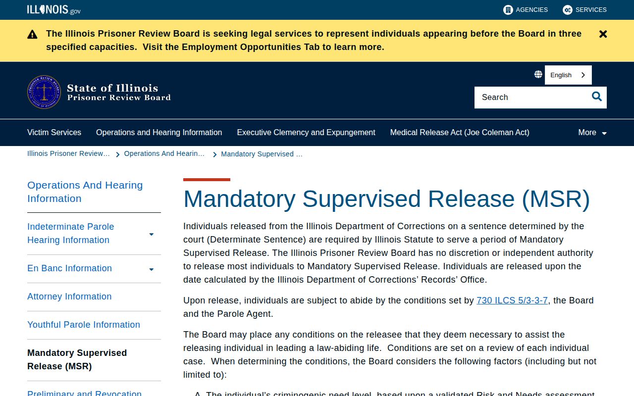 Illinois Prisoner Review Board mandatory supervised release information